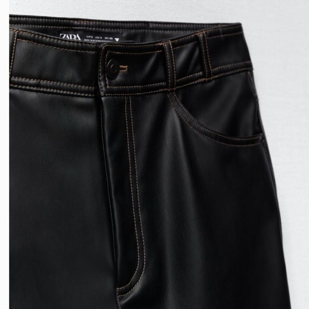 Zara Black Faux Leather Straight Leg Contrast Stitch Pants size XS - Picture 3 of 16